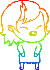rainbow gradient line drawing of a cartoon laughing vampire girl