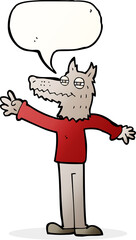 cartoon waving wolf with speech bubble