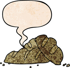cartoon loaves of freshly baked bread with speech bubble in retro texture style