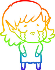 rainbow gradient line drawing of a cartoon crying elf girl