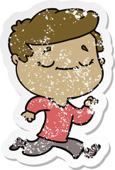 distressed sticker of a cartoon peaceful man running