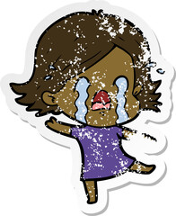 distressed sticker of a cartoon woman crying