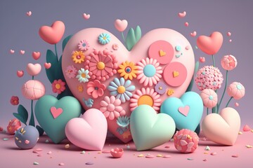 Hearts with spring flowers in 3d style. AI-Generated.