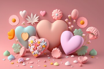Hearts with spring flowers in 3d style. AI-Generated.