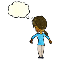 Obraz premium cartoon woman shrugging shoulders with thought bubble