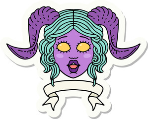 sticker of a tiefling character face with scroll banner