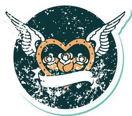 iconic distressed sticker tattoo style image of a flying heart with flowers and banner