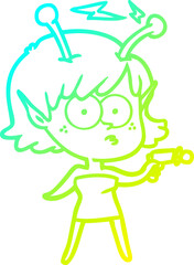 cold gradient line drawing of a cartoon alien girl