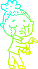 cold gradient line drawing of a cartoon crying woman pointing