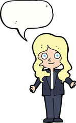 cartoon friendly business woman with speech bubble