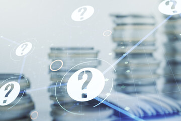 Abstract virtual question mark hologram on coins background, future technology concept. Multi...
