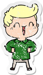 distressed sticker of a cartoon laughing boy with hands on hips