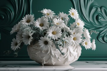 A white floral arrangement with green wave, 3D rendered. Generative AI