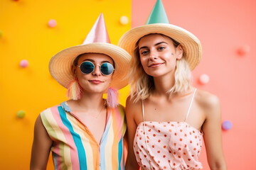 Young lesbian couple wearing hats and sunglasses posing for a picture