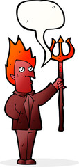 cartoon devil with pitchfork with speech bubble