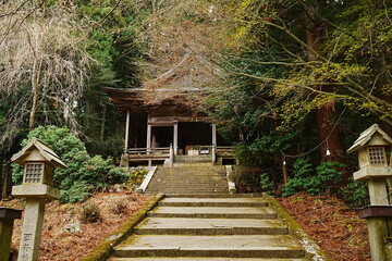 Fototapeta na wymiar Entrance gate or Torii at Kinpu-jinja or Shrine on mount Yoshino in Nara Prefecture, Japan - 日本 奈良 吉野山 金峯神社 鳥居 