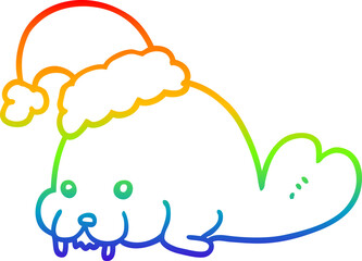 rainbow gradient line drawing of a cartoon christmas walrus