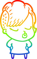Fototapeta premium rainbow gradient line drawing of a cartoon pretty hipster girl
