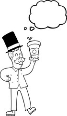 freehand drawn thought bubble cartoon man with coffee cup