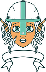 Retro Tattoo Style elf fighter character face with banner