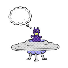 freehand drawn thought bubble cartoon alien in flying saucer