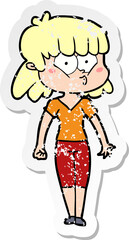 distressed sticker of a cartoon whistling girl