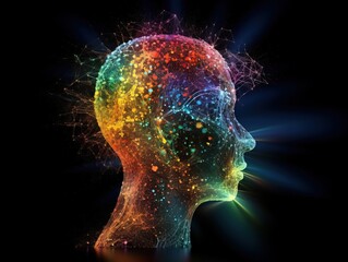 Human head with glowing neurons in the brain. nature, space, colors, particles, electrons, brain neurons, signals, the universe is a human head Connection with space worlds. Creates with Generative AI
