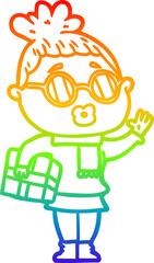 rainbow gradient line drawing of a cartoon woman wearing sunglasses