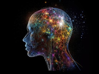 Obraz premium Human head with glowing neurons in the brain. nature, space, colors, particles, electrons, brain neurons, signals, the universe is a human head Connection with space worlds. Creates with Generative AI