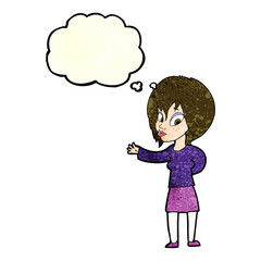 cartoon woman making welcome gesture with thought bubble