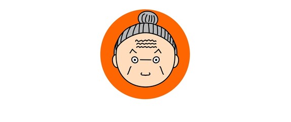 おばあちゃんの笑顔のアイコンは背景がオレンジ色です。