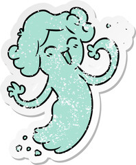 hand drawn distressed sticker cartoon doodle of a happy pink ghost