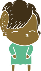 flat color style cartoon squinting girl