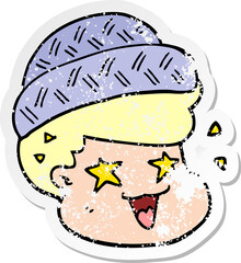 distressed sticker of a cartoon boy wearing hat