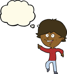 cartoon happy pointing man with thought bubble