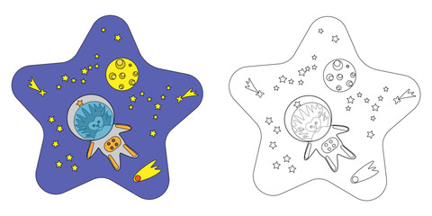 Vector illustration coloring book hedgehog astronaut in space among the stars. An outline black and white drawing and a color version for an example.