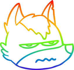 rainbow gradient line drawing of a cartoon annoyed wolf face