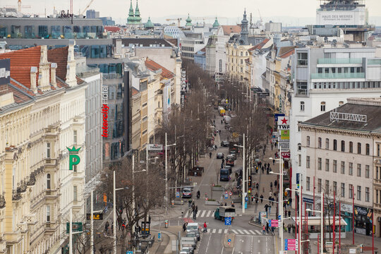 Vienna, Austria - April 03, 2023: Top view of Mariahilfer Strasse - street of shops for walking and shopping
