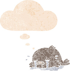 cartoon crying fish with thought bubble in grunge distressed retro textured style