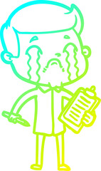 cold gradient line drawing of a cartoon man crying