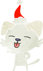 hand drawn retro cartoon of a dog sticking out tongue wearing santa hat