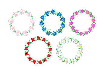 Obraz na płótnie Canvas vector illustration set wreaths of summer flowers - rose, cornflower, kosmeya, poppy and chamomile - round frames with place for text