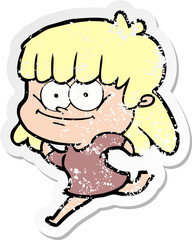 distressed sticker of a cartoon smiling woman