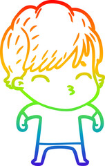 rainbow gradient line drawing of a cartoon woman thinking