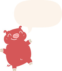 cartoon pig with speech bubble in retro style