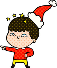 hand drawn comic book style illustration of a amazed boy wearing santa hat