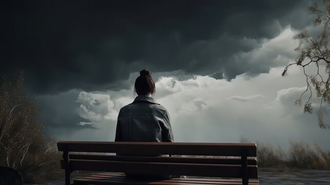 A sad woman sits on a bench and looks at the storm. Generative ai