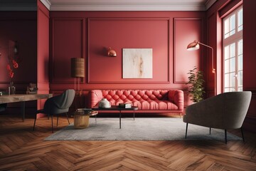 Modern living room with wooden flooring and red accent wall. Minimalist decor includes fur carpet, pink leather furniture, coffee table. Generative AI