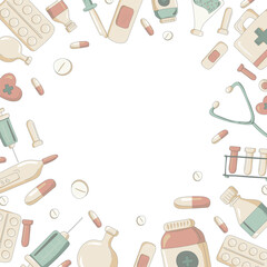 Medicine and health banner. Pharmacy square frame with pills, drugs, large bottles. Pharmacy flat illustration. Vector illustration.