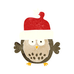 freehand retro cartoon owl wearing christmas hat